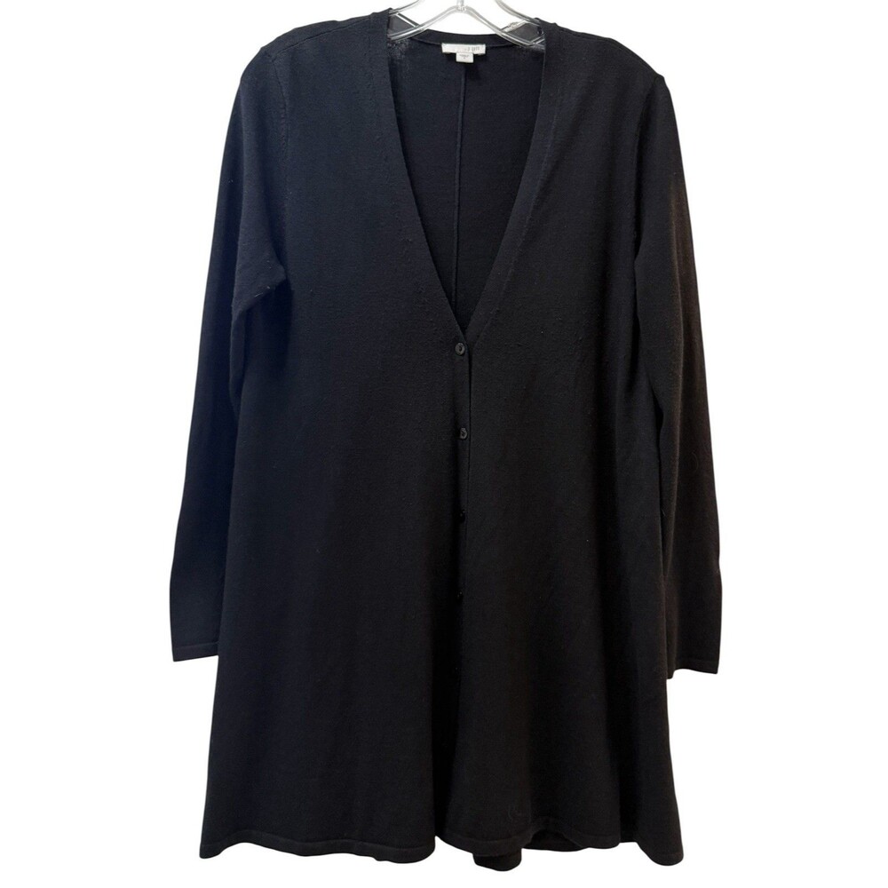 J Jill Long Sweater Cardigan Duster Small Black Button Front V-Neck Wool Blend